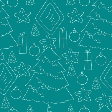 Yıldızlı mavi kusursuz vektör deseni, Noel ağacı süslemeleri. Kalıplar el çekme tarzında. Kumaş ve benzeri şeyler için kullanılabilir.