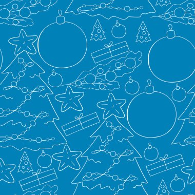 Yıldızlı mavi kusursuz vektör deseni, Noel ağacı süslemeleri. Kalıplar el çekme tarzında. Kumaş, ambalaj vesaire için kullanılabilir