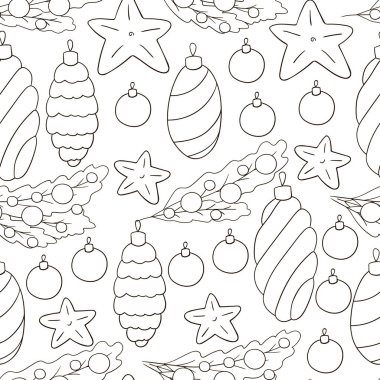 Renk deseni. Yıldızlı kusursuz vektör deseni, Noel ağacı süslemeleri. Kumaş, ambalaj, ambalaj kağıdı, tekstil ve benzeri şeylerde kullanılabilir.