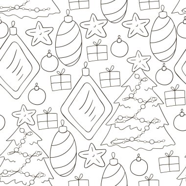 Yıldızlı renksiz vektör deseni, Noel ağacı süslemeleri. Kumaş, ambalaj, ambalaj kağıdı, tekstil ve benzeri şeylerde kullanılabilir.