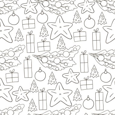 Renkli desen el çizimi tarzında. Yıldızlı kusursuz vektör deseni, Noel ağacı süslemeleri. Kumaş, ambalaj, ambalaj vs. için kullanılabilir
