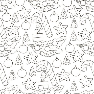 Renkli desen el çizimi tarzında. Yıldızlı kusursuz vektör deseni, Noel ağacı süslemeleri. Kumaş için kullanılabilir.