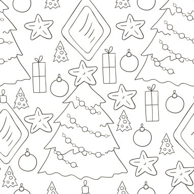 Yıldızlı renksiz vektör deseni, Noel ağacı süslemeleri. Kalıplar el çekme tarzında. Kumaş ve benzeri şeyler için kullanılabilir.