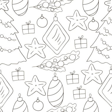 Yıldızlı tek renkli kusursuz vektör deseni, Noel ağacı süslemeleri. Kumaş, ambalaj, ambalaj kağıdı, tekstil ve benzeri şeylerde kullanılabilir.