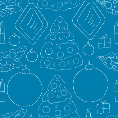 Yeni yıl. Noel ağacı süslemeleri ve hediyeleri olan kusursuz mavi vektör deseni. Kumaş, ambalaj, ambalaj kağıdı vs. için kullanılabilir