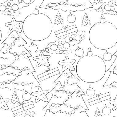 Yıldızlı tek renkli kusursuz vektör deseni, Noel ağacı süslemeleri. Kalıplar el çekme tarzında. Kumaş, ambalaj vesaire için kullanılabilir