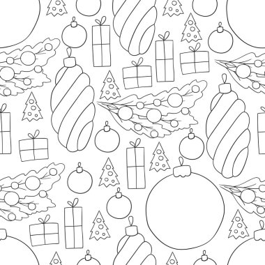Yeni yıl. Noel ağacı süslemeleri ve hediyeleri olan kusursuz bir vektör deseni. Tek renkli desen elde çizim biçimi