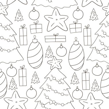 Yeni yıl renklendirmesi. Yıldızlı kusursuz vektör deseni, Noel ağacı süslemeleri. Kumaş, ambalaj, ambalaj kağıdı, tekstil ve benzeri şeylerde kullanılabilir.