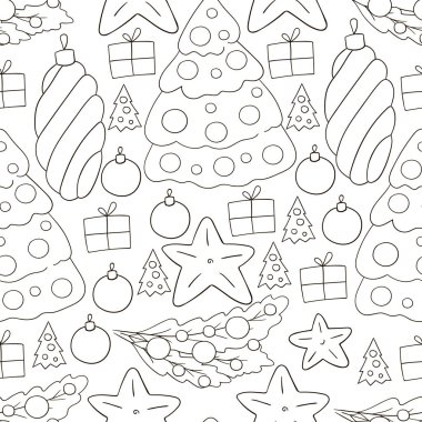 Yeni yıl renklendirmesi. Yıldızlı kusursuz vektör deseni, Noel ağacı süslemeleri. Kalıplar el çekme tarzında. Kumaş, ambalaj vs. için kullanılabilir