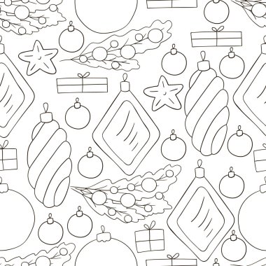 Kalıplar el çekme tarzında. Yıldızlı renksiz vektör deseni, Noel ağacı süslemeleri. Kumaş, ambalaj vesaire için kullanılabilir