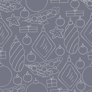 Kalıplar el çekme tarzında. Gri, yıldızlı vektör deseni, Noel ağacı süslemeleri. Kumaş, ambalaj vesaire için kullanılabilir