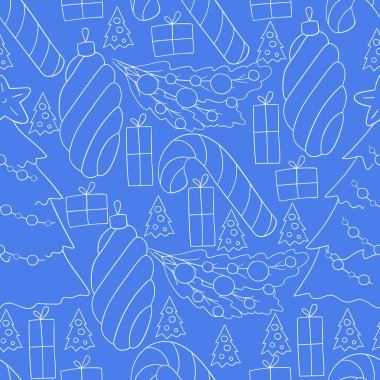 Çubuklu kusursuz vektör deseni, Noel ağacı süslemeleri. Mavi desen el çizimi tarzında. Kumaş ve benzeri şeyler için kullanılabilir.