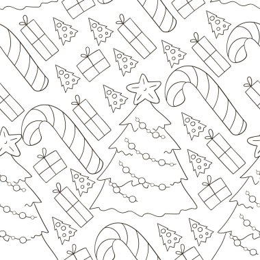 Şekerli kusursuz vektör deseni, hediyeler. Renkli arka plan. Kalıplar el çekme tarzında. Kumaş, ambalaj kağıdı vesaire için kullanılabilir