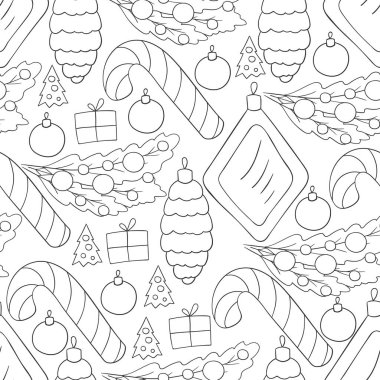 Çubuklu kusursuz vektör deseni, Noel ağacı süslemeleri. Tek renkli desen elde çizim tarzında. Kumaş, ambalaj vesaire için kullanılabilir