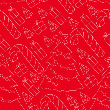 Şekerli kusursuz vektör deseni, hediyeler. Kırmızı arka plan. Kalıplar el çekme tarzında. Kumaş, ambalaj kağıdı vesaire için kullanılabilir