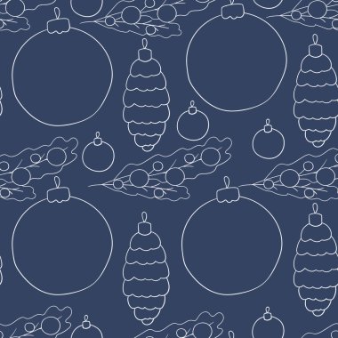 Noel ağacı süslemeleri ve hediyeleri olan kusursuz bir vektör deseni. Mavi desen el çizimi tarzında. Yeni yıl. Kumaş ve benzeri şeyler için kullanılabilir.