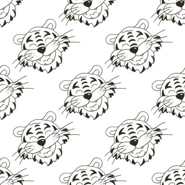 Kaplan yüzlü renksiz vektör deseni. Kalıplar el çekme tarzında. 2022 yılbaşı tatili. Kaplan Yılı. Kumaş, ambalaj vs. için kullanılabilir