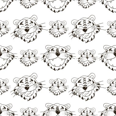 Kaplan yüzlü renksiz vektör deseni. Kalıplar el çekme tarzında. 2022 yılbaşı tatili. Kaplan Yılı. Kumaş ve benzeri şeyler için kullanılabilir.