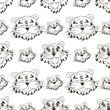 Kaplan yüzlü renksiz vektör deseni. Kalıplar el çekme tarzında. 2022 yılbaşı tatili. Kaplan Yılı. Paketleme ve benzeri işlemler için kullanılabilir