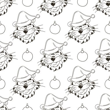 Noel şapkalı kaplanların başlarıyla renksiz vektör deseni. Şablon. 2022 yılbaşı tatili. Kaplan Yılı. Paketleme ve benzeri işlemler için kullanılabilir