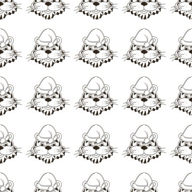 Noel şapkalı kaplanların başlarıyla renksiz vektör deseni. Şablon. 2022 yılbaşı tatili. Kaplan Yılı. Kumaş ve benzeri şeyler için kullanılabilir.