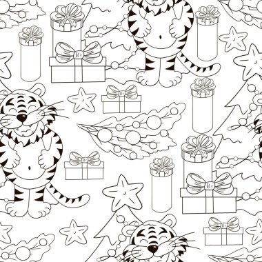 Kaplan 2022 yılı için kusursuz vektör deseni. Kalıplar el çekme tarzında. Kaplan, Noel ağacı, hediyeler, boyama süslemeleri