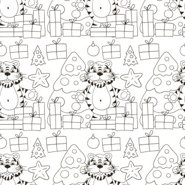 Kaplan 2022 yılı için kusursuz vektör deseni. Kalıplar el çekme tarzında. Kaplan, Noel, hediyeler. Renklendirme için kullanılabilir