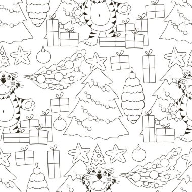 Kaplan 2022 yılı için kusursuz vektör deseni. Kalıplar el çekme tarzında. Kaplan, Renkli, Hediyeler