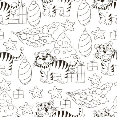 Kaplan 2022 yılı için kusursuz vektör deseni. Renkli desen el çizimi tarzında. Kaplan, Noel ağacı, hediyeler, Noel süslemeleri.