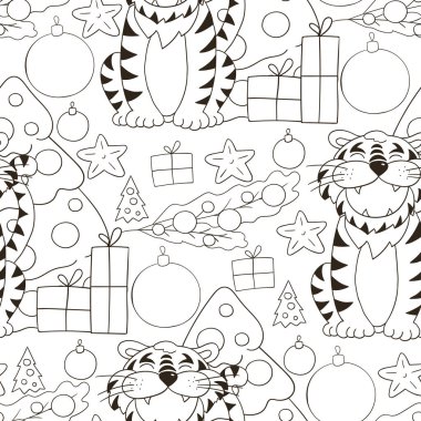 Kaplan 2022 yılı için kusursuz vektör deseni. Kalıplar el çekme tarzında. Kaplan, Noel ağacı, hediyeler. Renklendirme için kullanılabilir