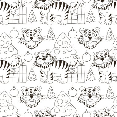 Kaplan 2022 yılı için kusursuz vektör deseni. Kalıplar el çekme tarzında. Kaplan, Noel ağacı, hediyeler. Kumaş, renk, ambalaj vs. için kullanılabilir