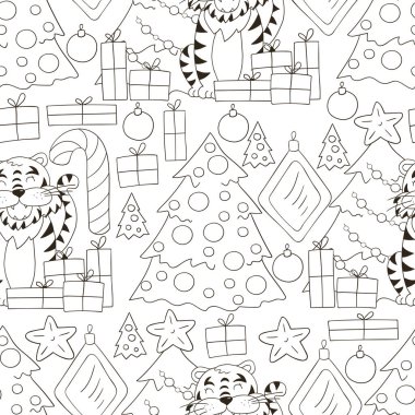 Kaplan 2022 yılı için kusursuz vektör deseni. Şablon. Kaplan, Noel ağacı, hediyeler, şeker kamışı. Kumaş, renk, ambalaj kağıdı vs. için kullanılabilir
