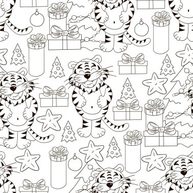 Kaplan 2022 yılı için kusursuz vektör deseni. Kalıplar el çekme tarzında. Kaplan, Noel ağacı, hediyeler, boyama süslemeleri. Kumaş için kullanılabilir.