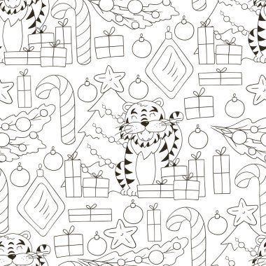 Kaplan 2022 yılı için kusursuz vektör deseni. Şablon. Kaplan, Noel ağacı, hediyeler, şeker kamışı. Kumaş, renk, tekstil vs. için kullanılabilir