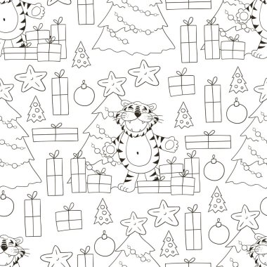 Kaplan 2022 yılı için kusursuz vektör deseni. Şablon. Kaplan, Noel ağacı, hediyeler, Noel süslemeleri. Kumaş, renk vb. için kullanılabilir