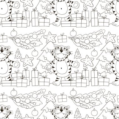 Kaplan 2022 yılı için kusursuz vektör deseni. Şablon. Kaplan, Noel ağacı, hediyeler, Noel süslemeleri. Renk ve benzeri şeyler için kullanılabilir