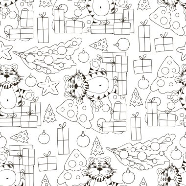 Kaplan 2022 yılı için kusursuz vektör deseni. Şablon. Kaplan, Noel ağacı, hediyeler, Noel ağacı süslemeleri. Renklendirme, tekstil vs. için kullanılabilir