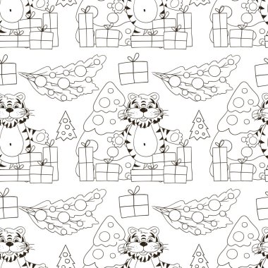 Kaplan 2022 yılı için kusursuz vektör deseni. Şablon. Kaplan, Noel ağacı, hediyeler. Kumaş, renk, ambalaj kağıdı, tekstil vs. için kullanılabilir