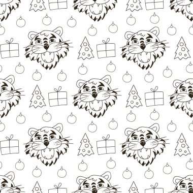 Noel şapkalı kaplan başları ve Noel ağaçlarıyla kusursuz vektör deseni. Şablon. 2022 yılı kaplanı. Renk ve benzeri şeyler için kullanılabilir