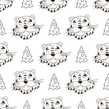 Noel şapkalı kaplan başları ve Noel ağaçlarıyla kusursuz vektör deseni. 2022 yılı kaplanı. Kumaş, renk, tekstil vs. için kullanılabilir