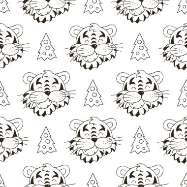 Noel şapkalı kaplan başları ve Noel ağaçlarıyla kusursuz vektör deseni. 2022 yılı kaplanı. Kumaş, renk vb. için kullanılabilir