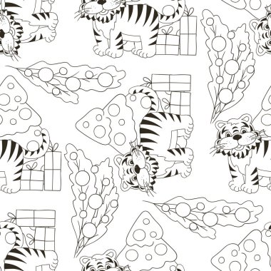 Kaplan 2022 yılı için kusursuz vektör deseni. Şablon. Kaplan, Noel ağacı, hediyeler. Kumaş, renk, ambalaj kağıdı vs. için kullanılabilir