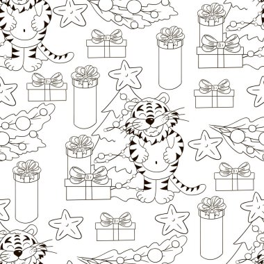 Kaplan 2022 yılı için kusursuz vektör deseni. Şablon. Kaplan, Noel ağacı, hediyeler, Noel ağacı süslemeleri. Renk ve benzeri şeyler için kullanılabilir