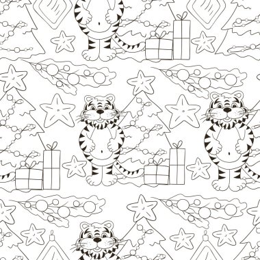 Kaplan 2022 yılı için kusursuz vektör deseni. Kaplan, Noel ağacı, hediyeler, Noel ağacı süslemeleri. Kumaş, renk, kağıt vb. için kullanılabilir