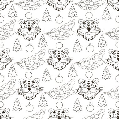 Kaplan başlı kusursuz vektör deseni, Noel ağaçları, Noel ağacı süslemeleri. 2022 yılı kaplanı. Kumaş, renk, tekstil vs. için kullanılabilir
