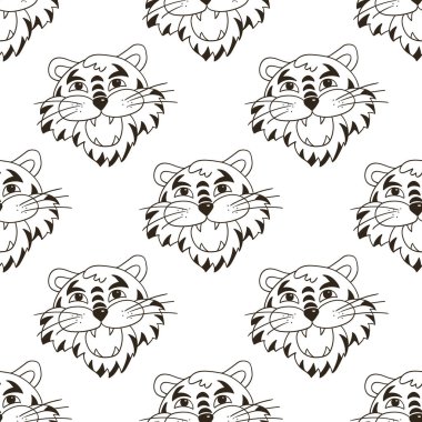 Kaplan yüzlü kusursuz vektör deseni. Renkli desen el çizimi tarzında. 2022 yılbaşı tatili. Kaplan Yılı