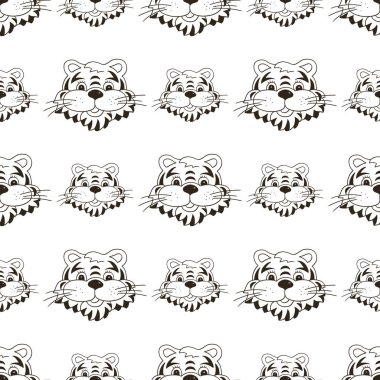 Kaplan yüzlü kusursuz vektör deseni. Kalıplar el çekme tarzında. 2022 yılbaşı tatili. Kaplan Yılı. Renklendirme için kullanılabilir