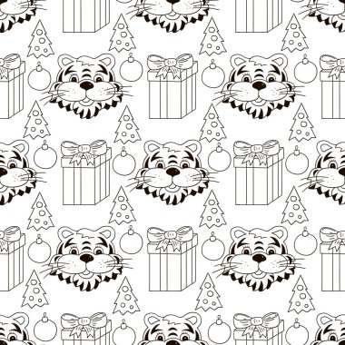 Kaplanların kafaları, Noel ağaçları ve hediyeleri olan kusursuz vektör deseni. 2022 yılı kaplanı. Kumaş, renk, ambalaj kağıdı, tekstil vs. için kullanılabilir