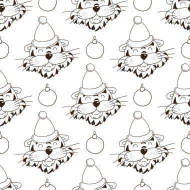Noel şapkalı kaplanlı kusursuz vektör deseni. Renkli desen el çizimi tarzında. 2022 yılbaşı tatili. Kaplan Yılı