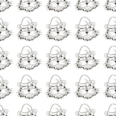 Noel şapkalı kaplanlı kusursuz vektör deseni. Şablon. Yeni yıl 2022. Kaplan Yılı. Kumaş, renk vb. için kullanılabilir